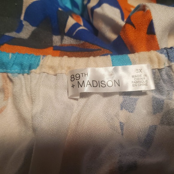 NEW 89th & Madison Lace Sleeve Blue Orange Floral Tie Back Elastic Neck Top - Picture 7 of 10